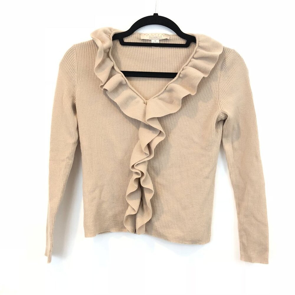 Belford Petites Beige Ruffle Trim V-Neck Cardigan PS 100% Extrafine Merino Wool